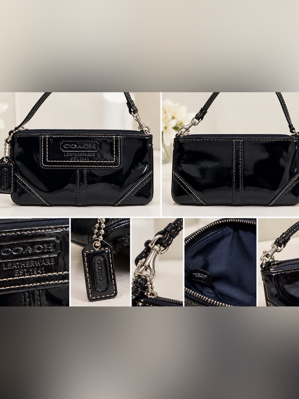 Coach Black Patent Leather Wristlet Clutch Bag Leatherware Est. 1941 Silver Hard